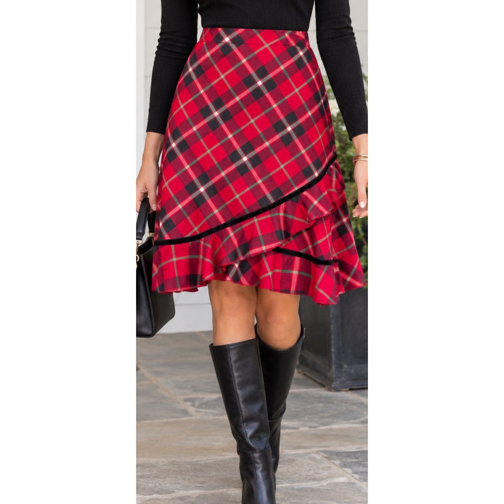 Hanna Andersson Red Tartan Plaid Ruffle Hem Midi Skirt Velvet Trim Medium